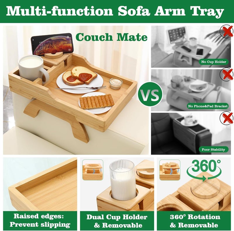 GHKINMAL Bamboo Couch Cup Holder, 4 in 1 Couch Arm Trays with 360°Rotated Phone Holder, Non-Slip Clip on Side Table for Drinks/Remote/Snacks, Ideal Gift for Husband, Wife, Parents - Image 3